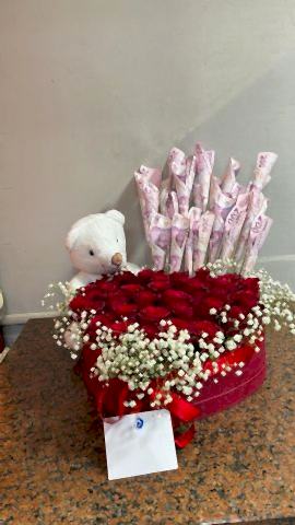 kutuda 35 kırmızı gül - ayıcık