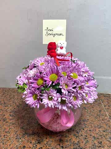 cam fanus içinde papatya arajmanı